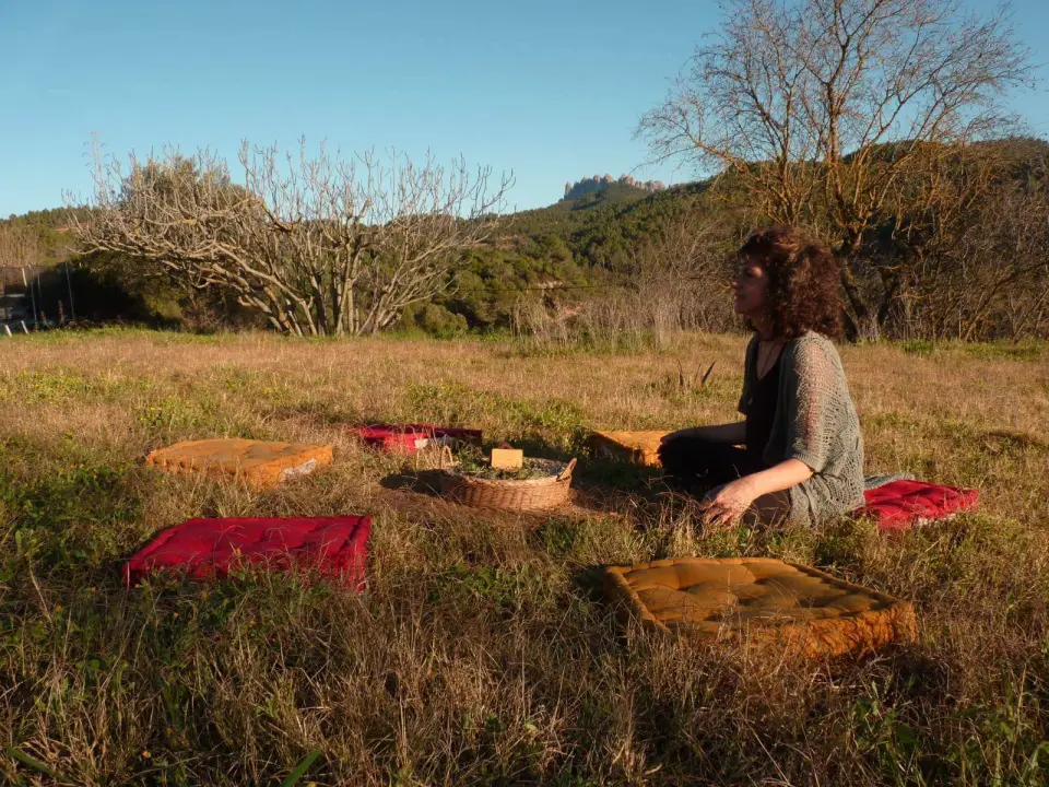 Dona asseguda en un prat amb coixins de meditació, amb Montserrat al fons